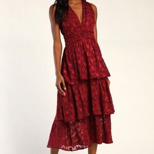 Lulus Make It Mesmerizing Wine Red Jacquard Tiered Midi Dress - Size S